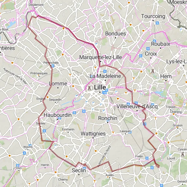Miniature de la carte de l'inspiration cycliste "Circuit de la Campagne Lilloise" dans la Nord-Pas de Calais, France. Générée par le planificateur d'itinéraire cycliste Tarmacs.app