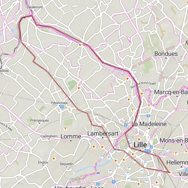 Map miniature of "Scenic Gravel Ride through Lille" cycling inspiration in Nord-Pas de Calais, France. Generated by Tarmacs.app cycling route planner