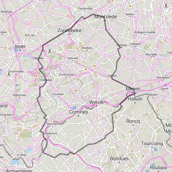 Map miniature of "From Frelinghien to Quesnoy-sur-Deûle" cycling inspiration in Nord-Pas de Calais, France. Generated by Tarmacs.app cycling route planner