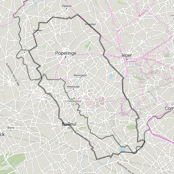 Miniature de la carte de l'inspiration cycliste "Parcours des Collines Flamandes" dans la Nord-Pas de Calais, France. Générée par le planificateur d'itinéraire cycliste Tarmacs.app