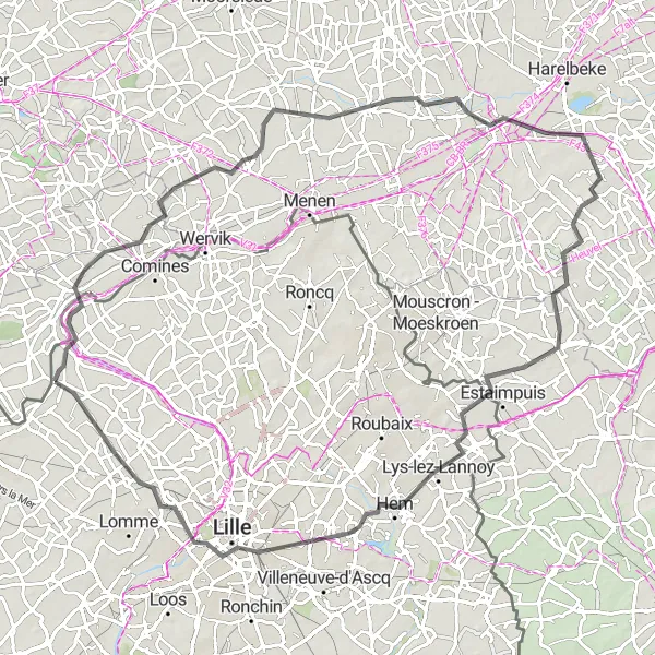 Miniature de la carte de l'inspiration cycliste "Parcours pittoresque à vélo de route autour de Frelinghien" dans la Nord-Pas de Calais, France. Générée par le planificateur d'itinéraire cycliste Tarmacs.app