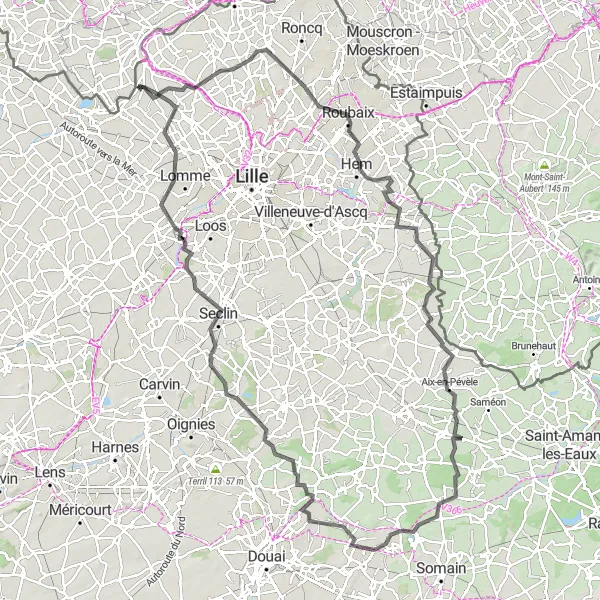 Miniature de la carte de l'inspiration cycliste "Boucle des Pévèle" dans la Nord-Pas de Calais, France. Générée par le planificateur d'itinéraire cycliste Tarmacs.app