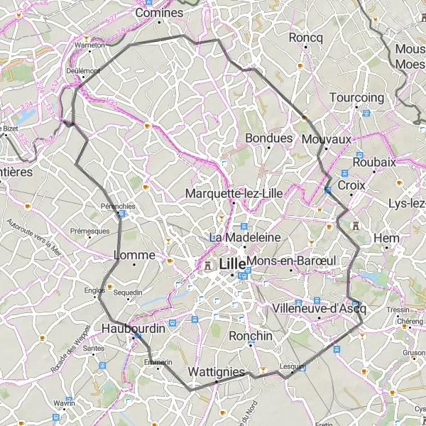 Miniature de la carte de l'inspiration cycliste "Parcours routier vers Pérenchies" dans la Nord-Pas de Calais, France. Générée par le planificateur d'itinéraire cycliste Tarmacs.app