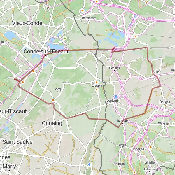 Map miniature of "Gravel Loop around Fresnes-sur-Escaut" cycling inspiration in Nord-Pas de Calais, France. Generated by Tarmacs.app cycling route planner