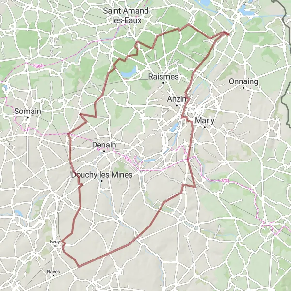 Map miniature of "Challenge Yourself on the Gravel Trails around Fresnes-sur-Escaut" cycling inspiration in Nord-Pas de Calais, France. Generated by Tarmacs.app cycling route planner