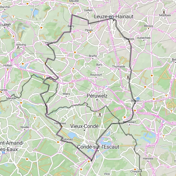 Map miniature of "The Hergnies Circuit" cycling inspiration in Nord-Pas de Calais, France. Generated by Tarmacs.app cycling route planner