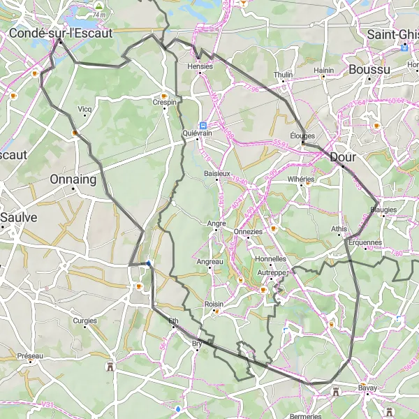 Map miniature of "Discover the Beautiful Villages near Fresnes-sur-Escaut" cycling inspiration in Nord-Pas de Calais, France. Generated by Tarmacs.app cycling route planner