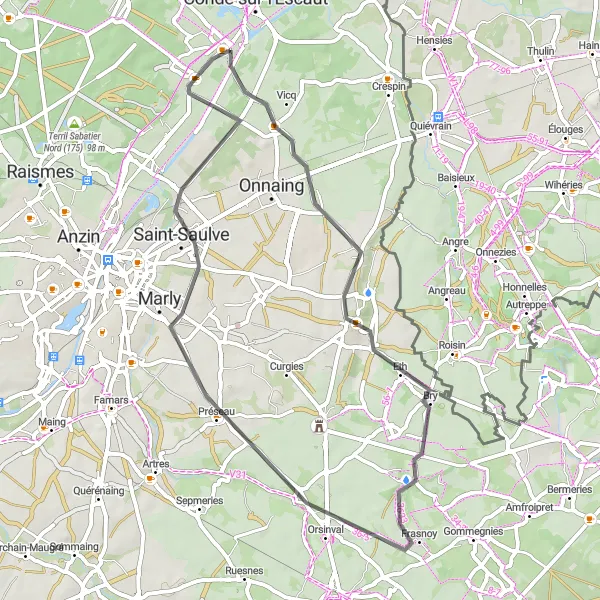 Map miniature of "The Quarouble Loop" cycling inspiration in Nord-Pas de Calais, France. Generated by Tarmacs.app cycling route planner