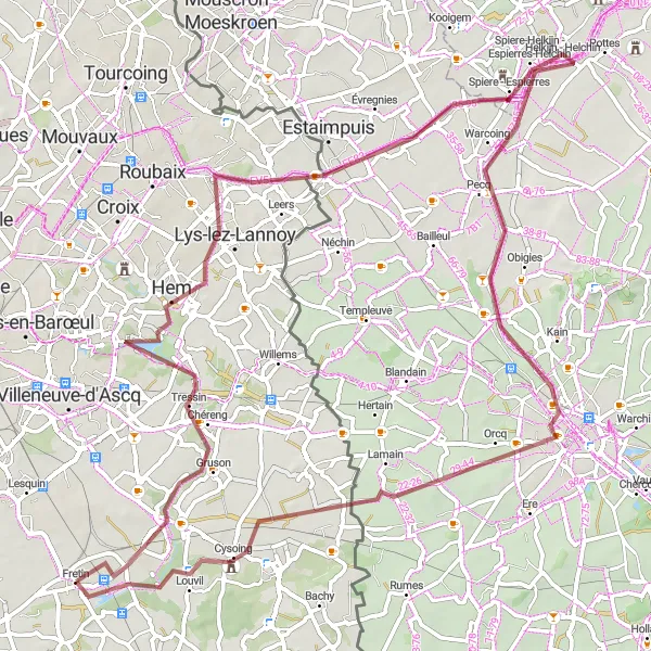 Map miniature of "The Battle of Bouvines" cycling inspiration in Nord-Pas de Calais, France. Generated by Tarmacs.app cycling route planner