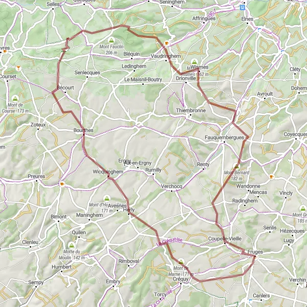 Miniature de la carte de l'inspiration cycliste "Circuit autour de Fruges par les montagnes" dans la Nord-Pas de Calais, France. Générée par le planificateur d'itinéraire cycliste Tarmacs.app