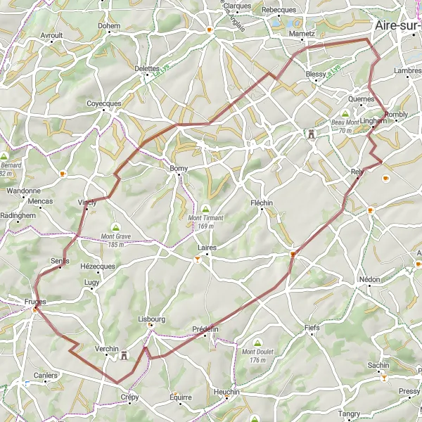 Map miniature of "Gravel Loop from Fruges to Mont d'Erny" cycling inspiration in Nord-Pas de Calais, France. Generated by Tarmacs.app cycling route planner