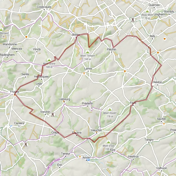Miniature de la carte de l'inspiration cycliste "Boucle nature entre les montagnes du Nord" dans la Nord-Pas de Calais, France. Générée par le planificateur d'itinéraire cycliste Tarmacs.app