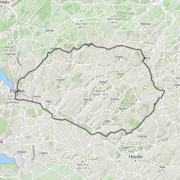 Miniature de la carte de l'inspiration cycliste "Circuit de la Vallée de Fruges" dans la Nord-Pas de Calais, France. Générée par le planificateur d'itinéraire cycliste Tarmacs.app