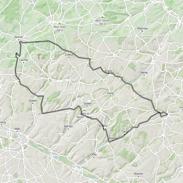 Map miniature of "Road Cycling Adventure through Mont de Course" cycling inspiration in Nord-Pas de Calais, France. Generated by Tarmacs.app cycling route planner