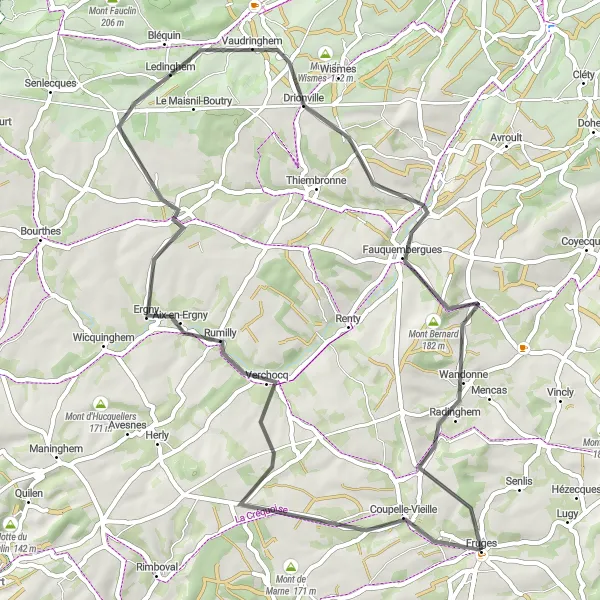 Miniature de la carte de l'inspiration cycliste "Parcours des Collines et Vallées" dans la Nord-Pas de Calais, France. Générée par le planificateur d'itinéraire cycliste Tarmacs.app