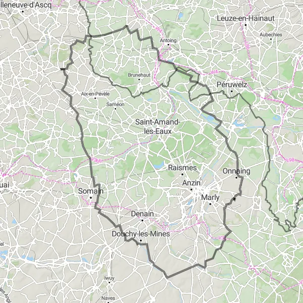 Miniature de la carte de l'inspiration cycliste "La Route des Terrils et des Clochers" dans la Nord-Pas de Calais, France. Générée par le planificateur d'itinéraire cycliste Tarmacs.app