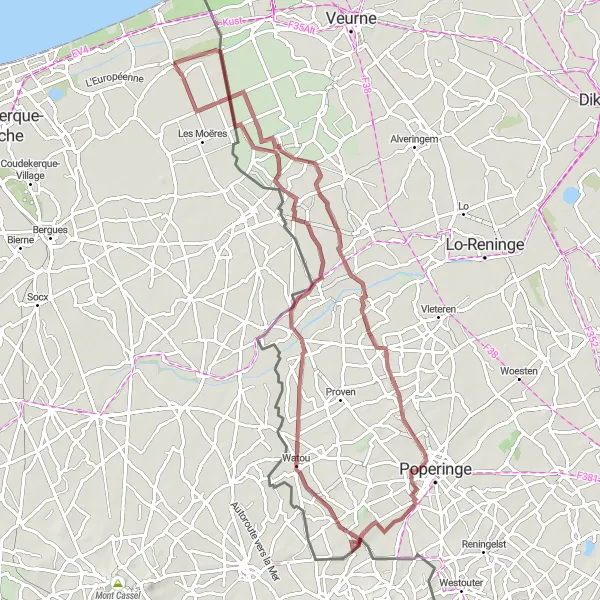 Miniature de la carte de l'inspiration cycliste "Parcours gravel à travers les villages" dans la Nord-Pas de Calais, France. Générée par le planificateur d'itinéraire cycliste Tarmacs.app