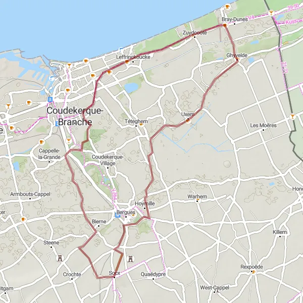 Map miniature of "Coastal Gravel Adventure" cycling inspiration in Nord-Pas de Calais, France. Generated by Tarmacs.app cycling route planner
