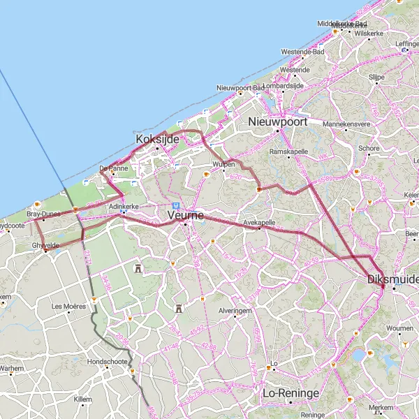 Map miniature of "Dune Explorer" cycling inspiration in Nord-Pas de Calais, France. Generated by Tarmacs.app cycling route planner
