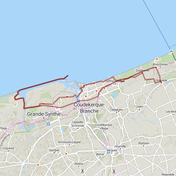 Miniature de la carte de l'inspiration cycliste "Les dunes de la côte flamande" dans la Nord-Pas de Calais, France. Générée par le planificateur d'itinéraire cycliste Tarmacs.app