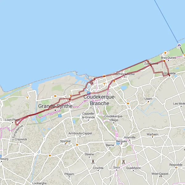 Map miniature of "The Coastal Gravel Adventure" cycling inspiration in Nord-Pas de Calais, France. Generated by Tarmacs.app cycling route planner