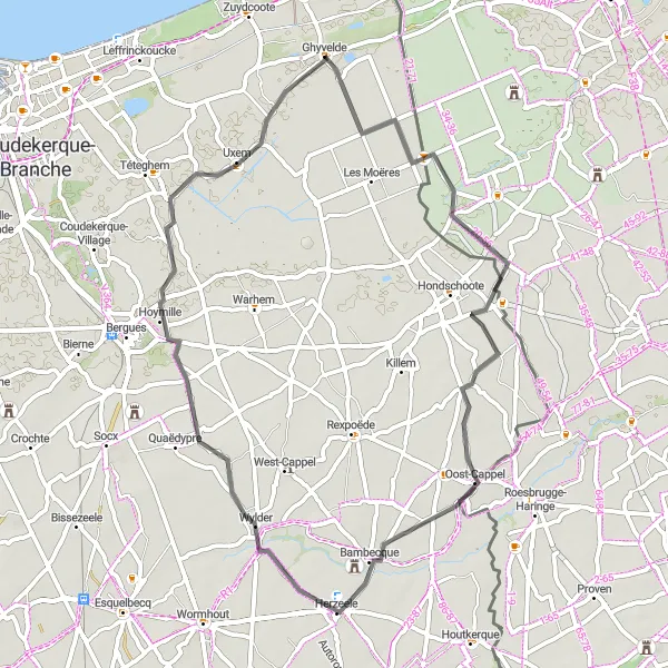 Miniature de la carte de l'inspiration cycliste "Boucle de la campagne flamande" dans la Nord-Pas de Calais, France. Générée par le planificateur d'itinéraire cycliste Tarmacs.app