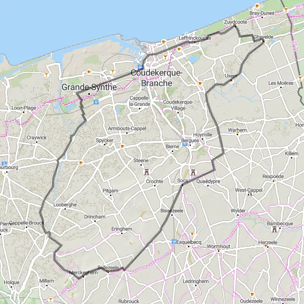 Miniature de la carte de l'inspiration cycliste "Boucle entre Ghyvelde et Zuydcoote" dans la Nord-Pas de Calais, France. Générée par le planificateur d'itinéraire cycliste Tarmacs.app