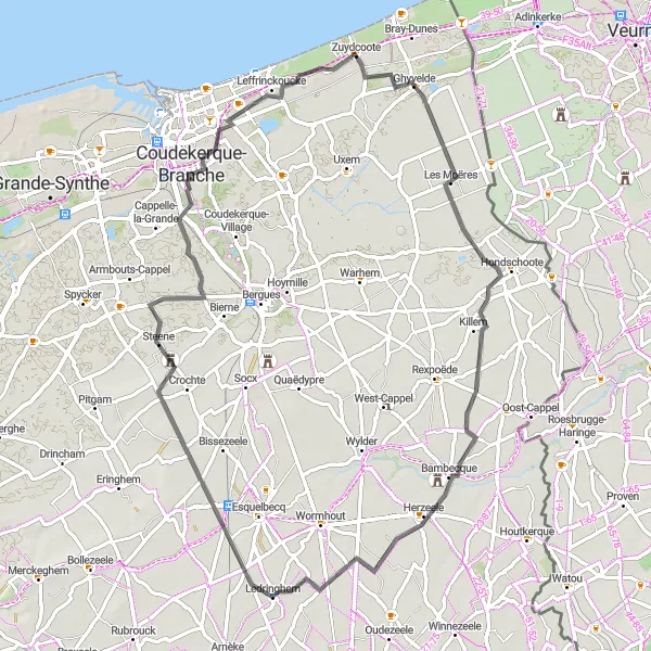 Miniature de la carte de l'inspiration cycliste "Circuit autour de Killem" dans la Nord-Pas de Calais, France. Générée par le planificateur d'itinéraire cycliste Tarmacs.app