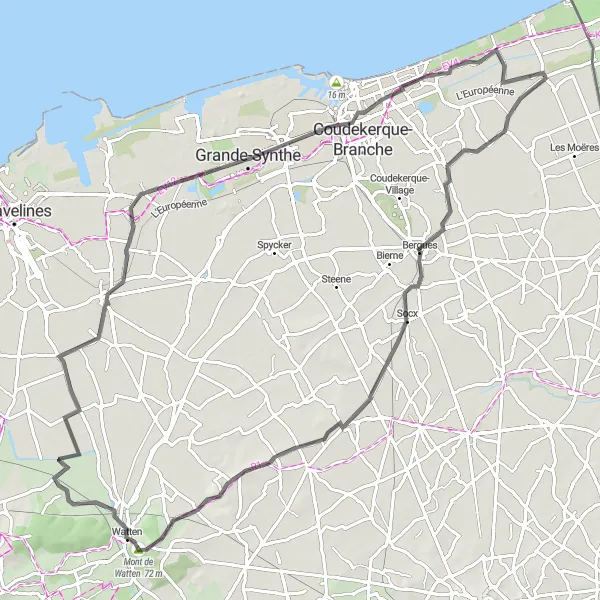 Miniature de la carte de l'inspiration cycliste "Aventure à travers les collines du Nord" dans la Nord-Pas de Calais, France. Générée par le planificateur d'itinéraire cycliste Tarmacs.app