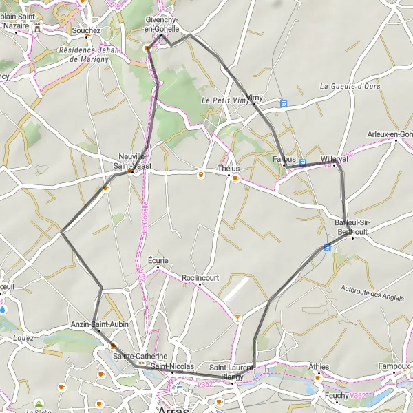 Map miniature of "Road Circuit - Vimy and Beyond" cycling inspiration in Nord-Pas de Calais, France. Generated by Tarmacs.app cycling route planner