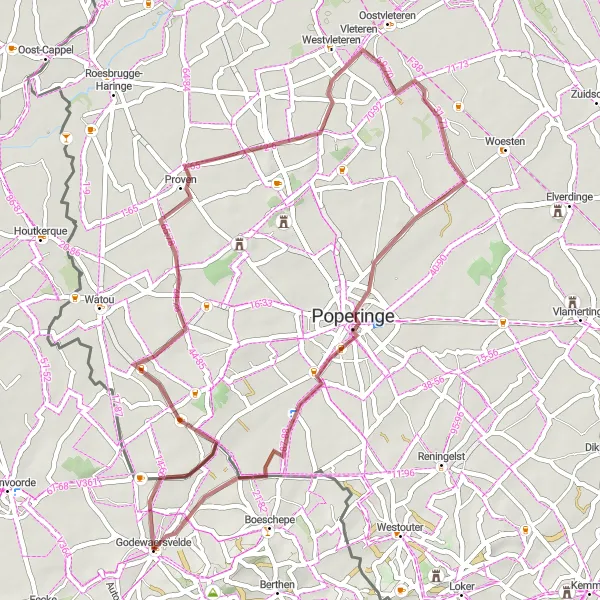 Map miniature of "Gravel Joy Ride through Abele, Proven, and Poperinge" cycling inspiration in Nord-Pas de Calais, France. Generated by Tarmacs.app cycling route planner