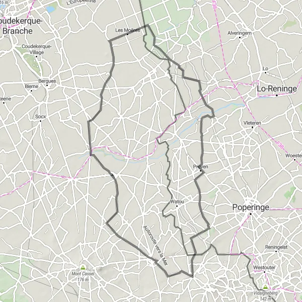 Miniature de la carte de l'inspiration cycliste "Les Polders du Nord" dans la Nord-Pas de Calais, France. Générée par le planificateur d'itinéraire cycliste Tarmacs.app