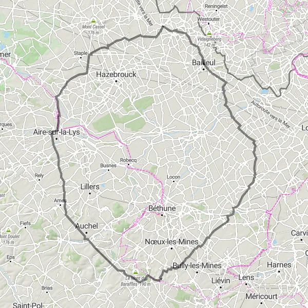 Miniature de la carte de l'inspiration cycliste "Le tour du Mont des Cats" dans la Nord-Pas de Calais, France. Générée par le planificateur d'itinéraire cycliste Tarmacs.app