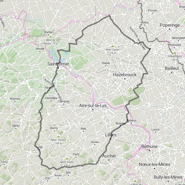 Miniature de la carte de l'inspiration cycliste "Circuit des Monts" dans la Nord-Pas de Calais, France. Générée par le planificateur d'itinéraire cycliste Tarmacs.app