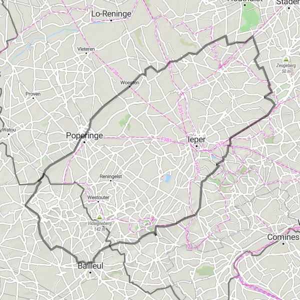 Miniature de la carte de l'inspiration cycliste "Le Grand Circuit de Poperinge" dans la Nord-Pas de Calais, France. Générée par le planificateur d'itinéraire cycliste Tarmacs.app