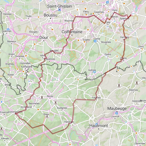 Map miniature of "Gommegnies to Spiennes Gravel Route" cycling inspiration in Nord-Pas de Calais, France. Generated by Tarmacs.app cycling route planner