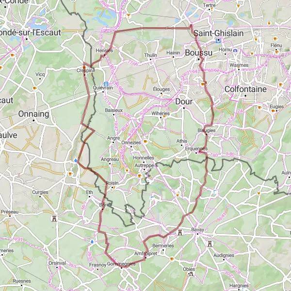 Map miniature of "Exploring Gravel Roads Near Gommegnies" cycling inspiration in Nord-Pas de Calais, France. Generated by Tarmacs.app cycling route planner