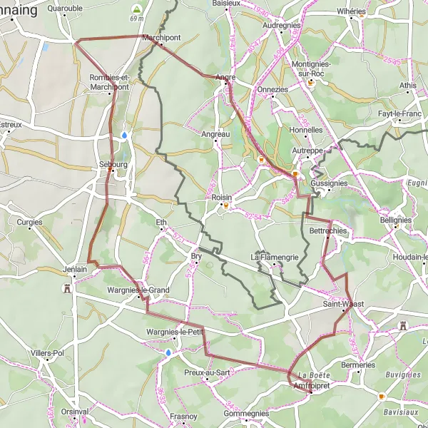 Miniature de la carte de l'inspiration cycliste "Les Chemins de Sebourg" dans la Nord-Pas de Calais, France. Générée par le planificateur d'itinéraire cycliste Tarmacs.app