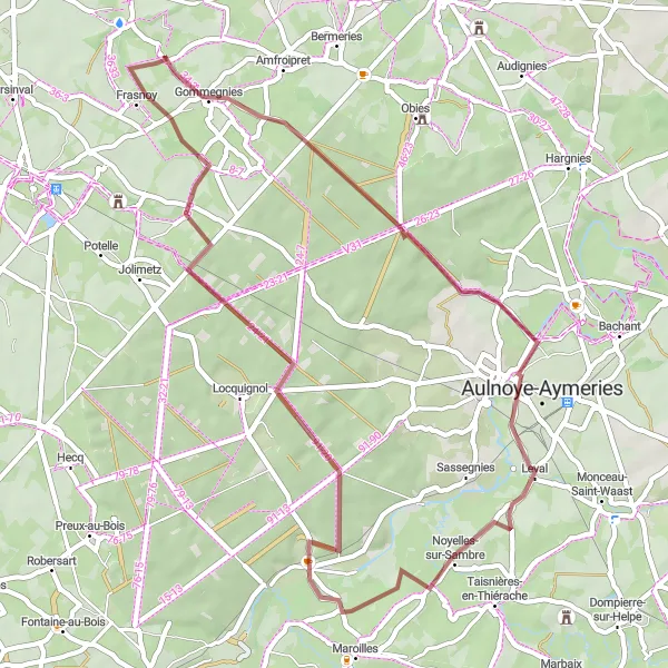 Map miniature of "Gommegnies to Frasnoy Gravel Route" cycling inspiration in Nord-Pas de Calais, France. Generated by Tarmacs.app cycling route planner