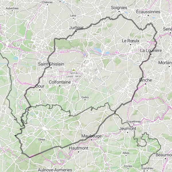 Miniature de la carte de l'inspiration cycliste "La boucle des terrils en route" dans la Nord-Pas de Calais, France. Générée par le planificateur d'itinéraire cycliste Tarmacs.app