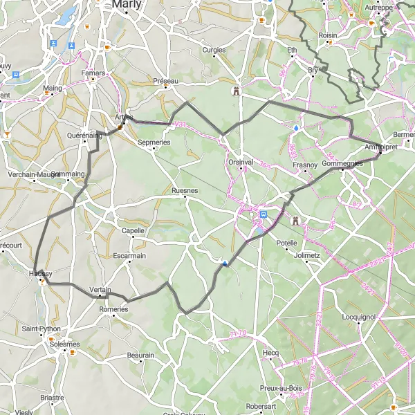 Map miniature of "A Quick Adventure around Gommegnies" cycling inspiration in Nord-Pas de Calais, France. Generated by Tarmacs.app cycling route planner