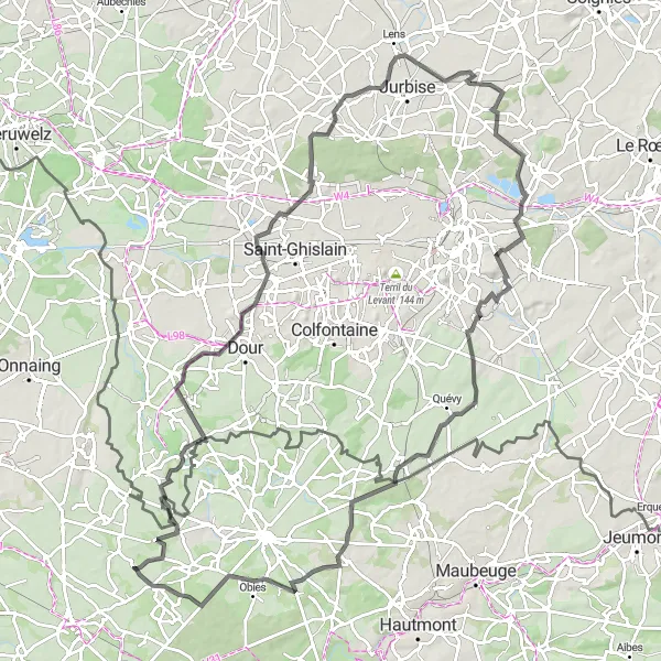 Map miniature of "Gommegnies to Mont Panisel Road Route" cycling inspiration in Nord-Pas de Calais, France. Generated by Tarmacs.app cycling route planner