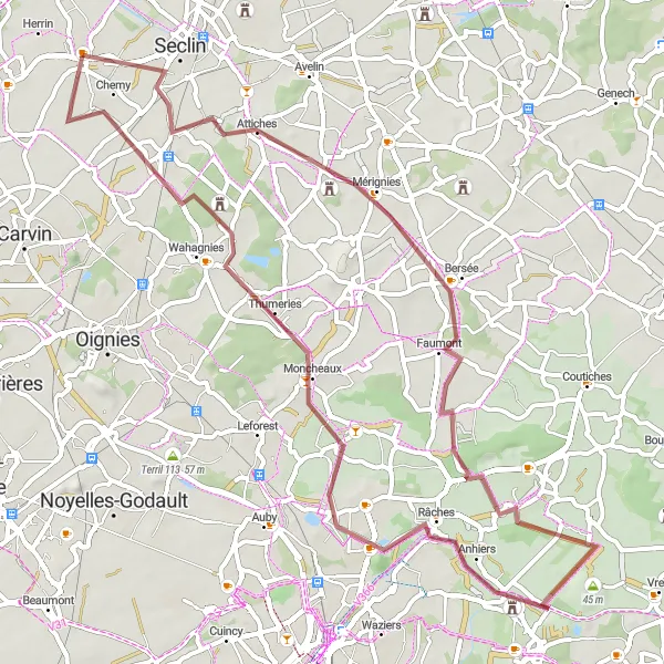 Miniature de la carte de l'inspiration cycliste "Les Chemins de Phalempin" dans la Nord-Pas de Calais, France. Générée par le planificateur d'itinéraire cycliste Tarmacs.app