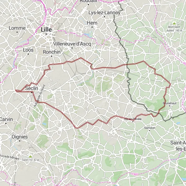 Miniature de la carte de l'inspiration cycliste "Parcours Aventureux de Lesquin" dans la Nord-Pas de Calais, France. Générée par le planificateur d'itinéraire cycliste Tarmacs.app