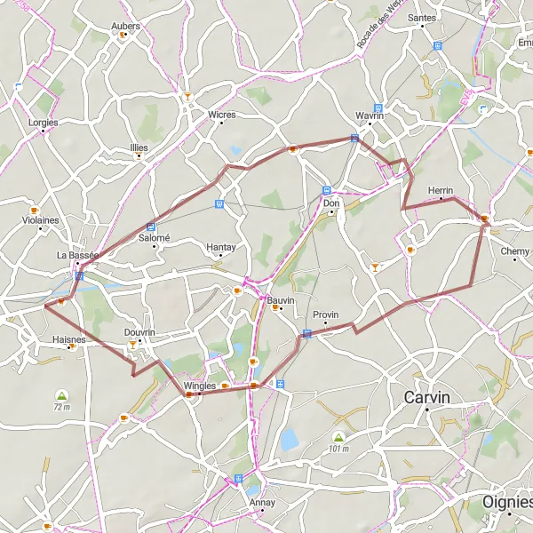 Miniature de la carte de l'inspiration cycliste "Parcours VTT autour de Meurchin et Auchy-les-Mines" dans la Nord-Pas de Calais, France. Générée par le planificateur d'itinéraire cycliste Tarmacs.app