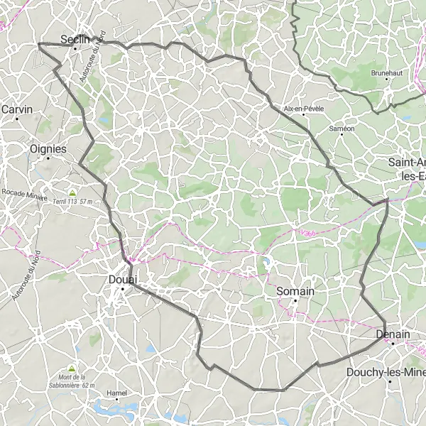 Miniature de la carte de l'inspiration cycliste "Randonnée à vélo autour de Seclin et Denain" dans la Nord-Pas de Calais, France. Générée par le planificateur d'itinéraire cycliste Tarmacs.app