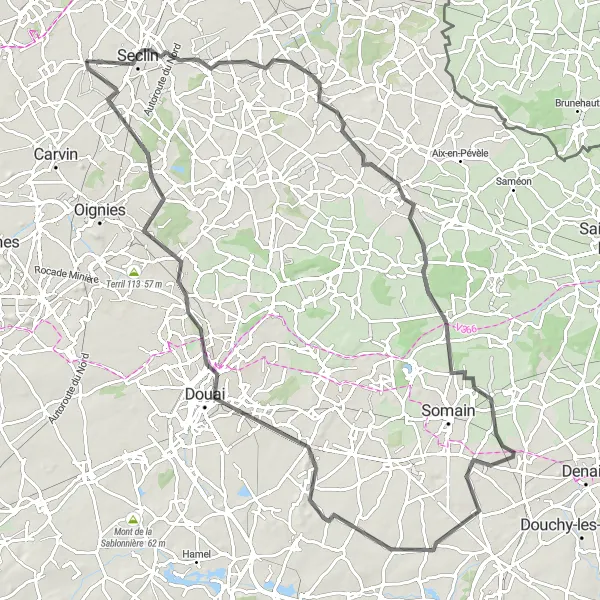 Map miniature of "Seclin to Wahagnies Loop" cycling inspiration in Nord-Pas de Calais, France. Generated by Tarmacs.app cycling route planner