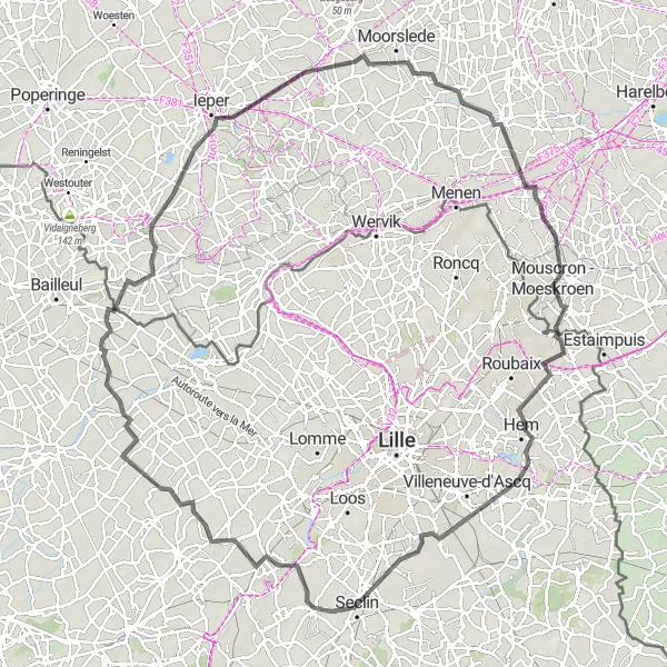 Map miniature of "Picturesque Ride through Wavrin, Heuvelland, and Mouscron" cycling inspiration in Nord-Pas de Calais, France. Generated by Tarmacs.app cycling route planner