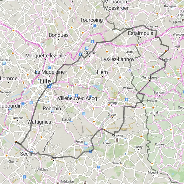 Map miniature of "Historical Ride across Lille, Roubaix, and Bouvines" cycling inspiration in Nord-Pas de Calais, France. Generated by Tarmacs.app cycling route planner