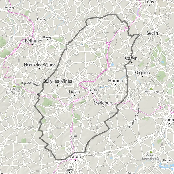 Map miniature of "Challenging Adventure through Carvin, Arras, and Bailleul-Sir-Berthoult" cycling inspiration in Nord-Pas de Calais, France. Generated by Tarmacs.app cycling route planner